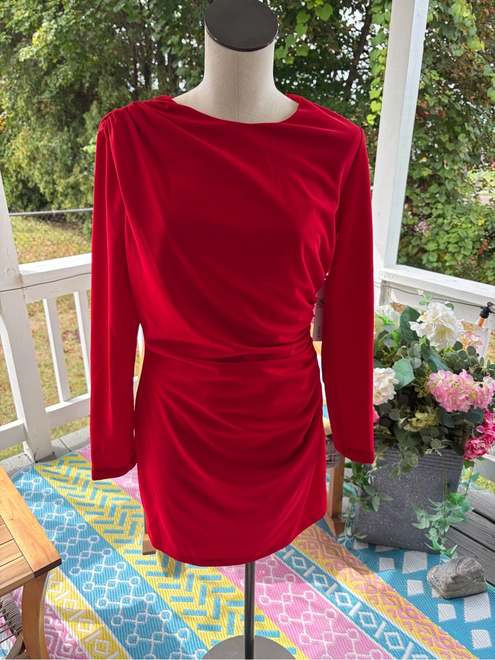 Aqua Red Long-Sleeve Ruched Mini Dress